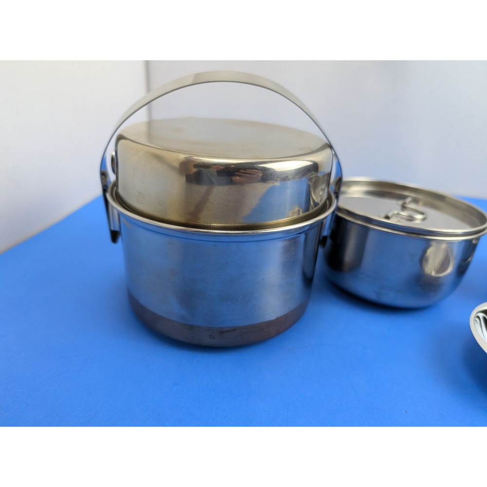 Vtg 3 Piece Camping Cook Set Coleman Peak 1 Stainless Steel Nesting Pots Pans - Picture 6 of 12